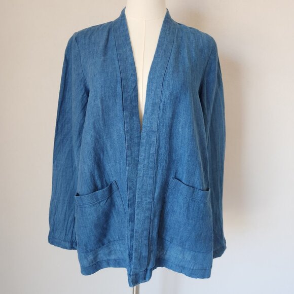 Pure Jill 100% Linen Blue Indigo Chambray Open Jacket Long Sleeve Pocket - Picture 1 of 10